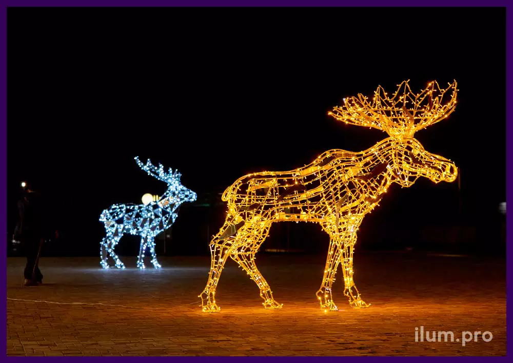 Светящиеся фигуры животных для украшения территории торгового центра, лось и полигональный олень