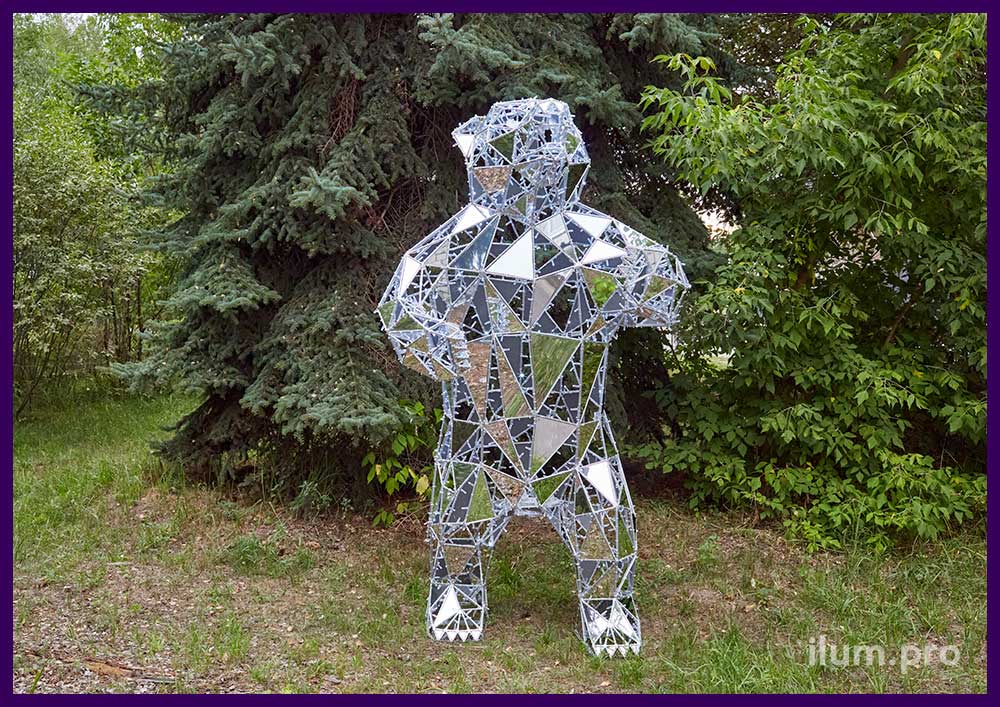 Медведь полигональный металлический с подсветкой и зеркальными гранями