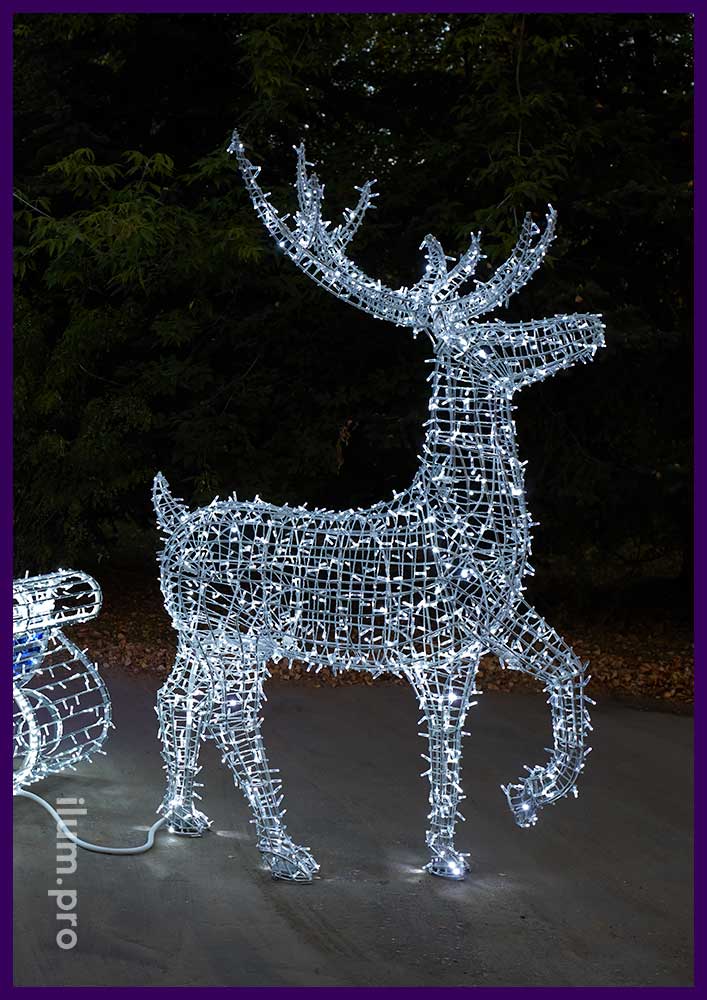 Украшение территории светящимися санями Деда Мороза и фигурой оленя с гирляндами