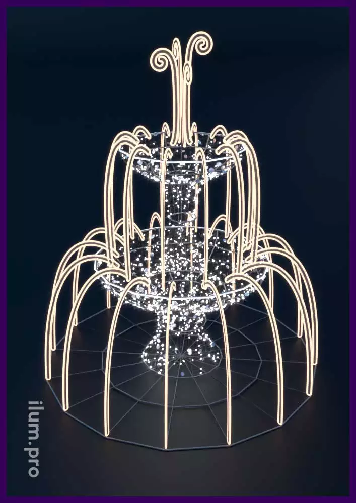 Фонтан светодиодный с двумя чашами из гирлянд и узорами из дюралайта, декор блёстками