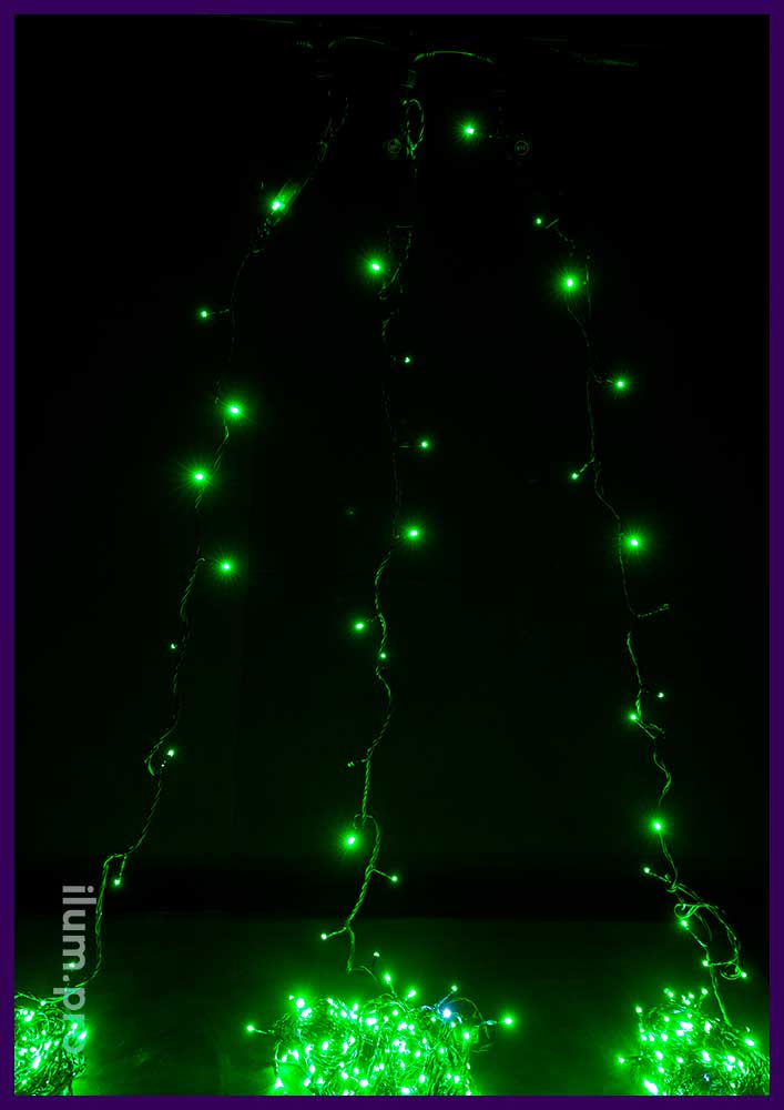 Спайдер светодиодный зелёный с тремя двадцатиметровыми нитями на чёрном проводе с мерцанием