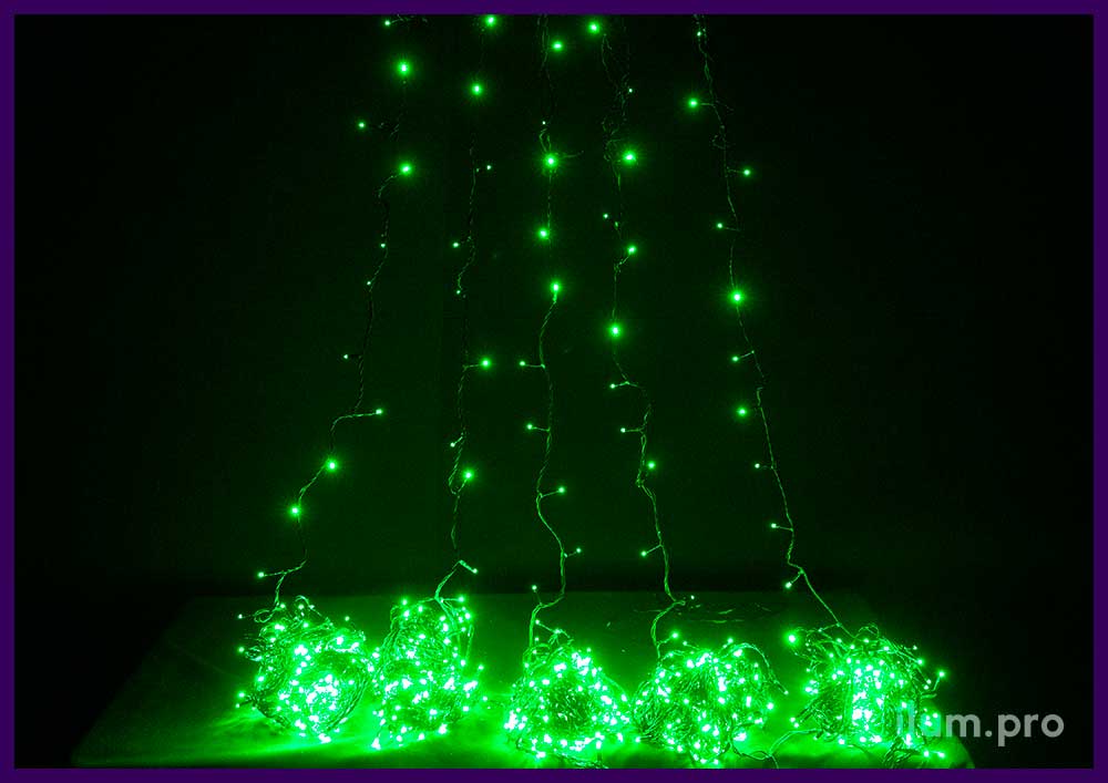 Разноцветные светодиодные спайдеры с зелёными диодами и 5 нитями длиной 20 м