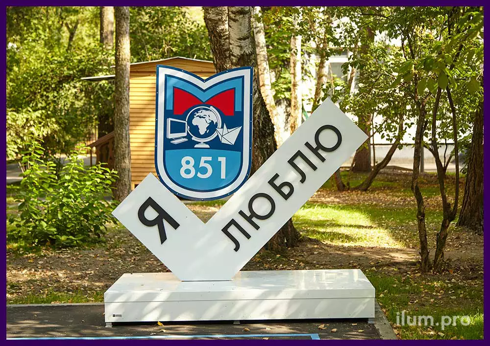 Галочка я люблю - украшение территории школы в Москве фотозоной с гербом