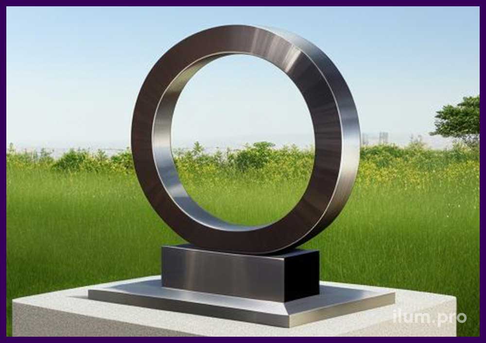 Металлический монумент в форме кольца на пьедестале - благоустройство территории