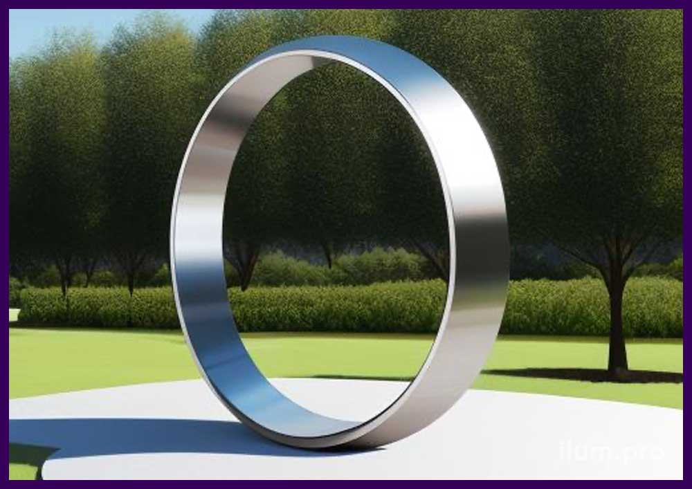 Металлическое кольцо - монумент с блестящими, шлифованными гранями из нержавеющей стали в парке