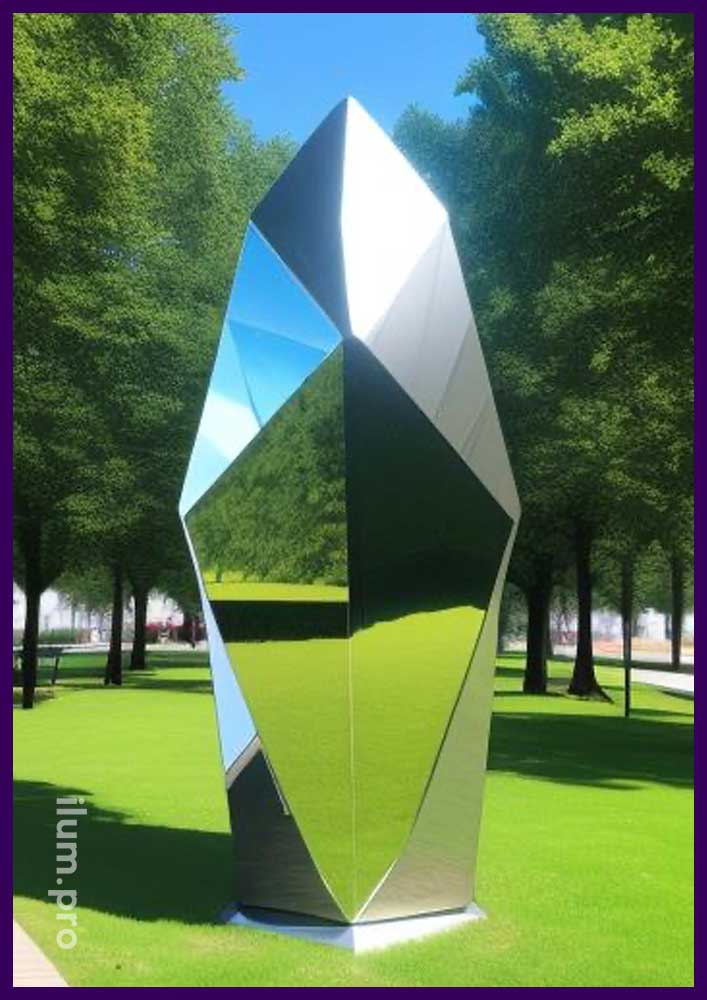 Зеркальный многогранник в городском парке - металлический монумент