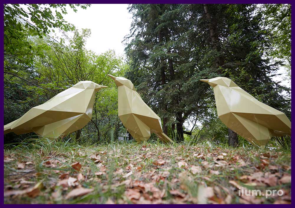Птицы полигональные металлические - объёмные, ландшафтные скульптуры в форме воробьёв