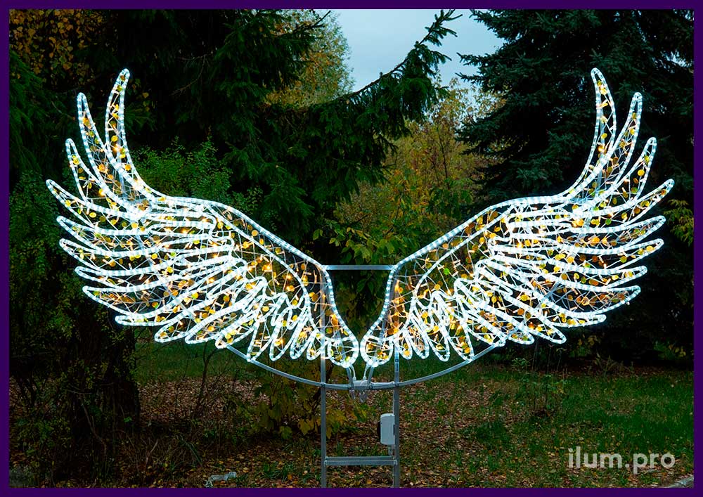 Фотозона в форме больших, светящихся крыльев с пластиковыми вставками, золотыми блёстками и уличной иллюминацией