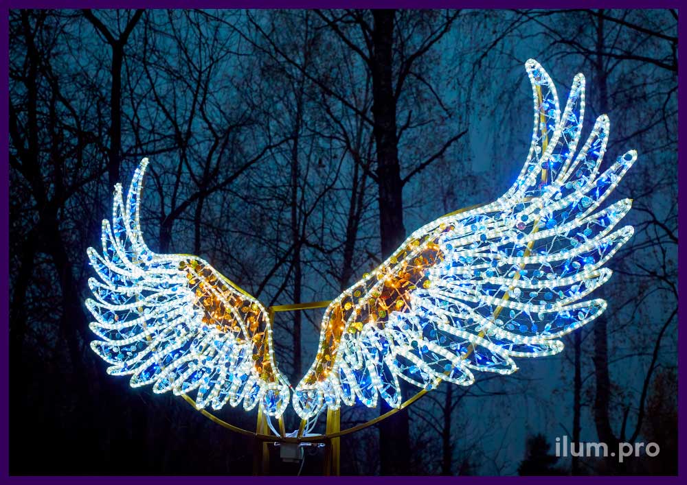 Фотозона в форме светящихся крыльев с блёстками и дюралайтом на каркасе из прочного алюминиевого сплава