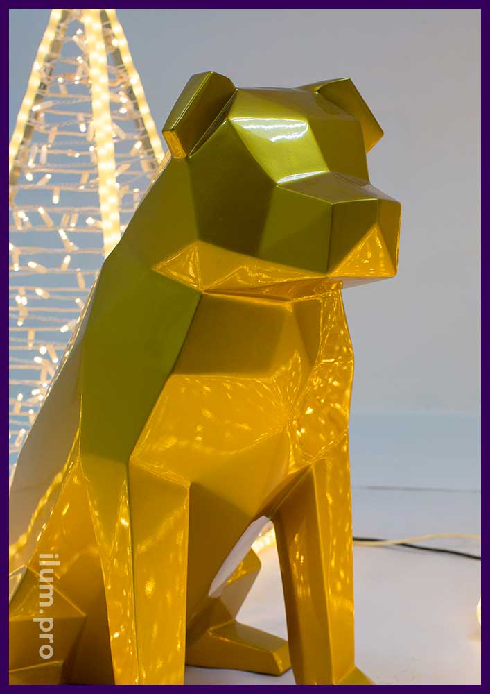 Собака полигональная металлическая - золотой арт-объект для украшения помещений