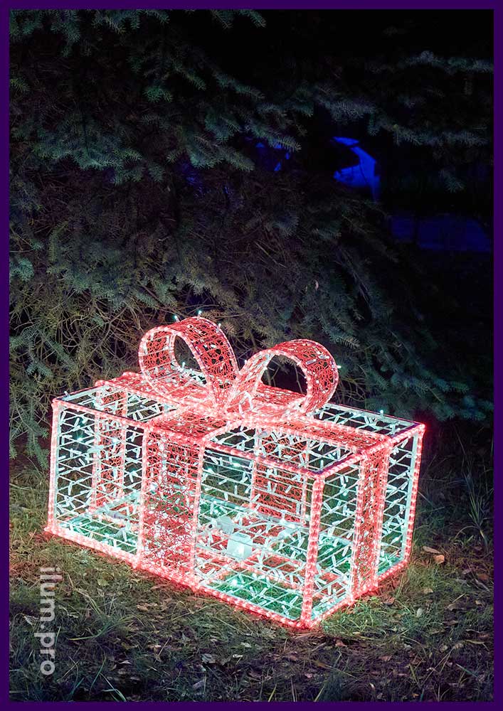 Фигуры подарочные новогодние в форме подарков с красным бантом - алюминиевый каркас с уличной иллюминацией IP65
