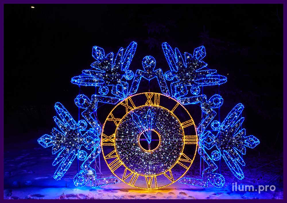 Часы-снежинка - новогодняя фотозона с гирляндами, блёстками и дюралайтом синего и жёлтого цвета