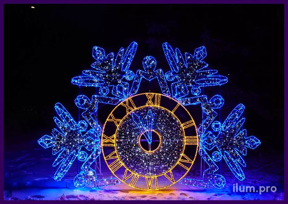 Часы-снежинка - новогодняя фотозона с гирляндами, блёстками и дюралайтом синего и жёлтого цвета