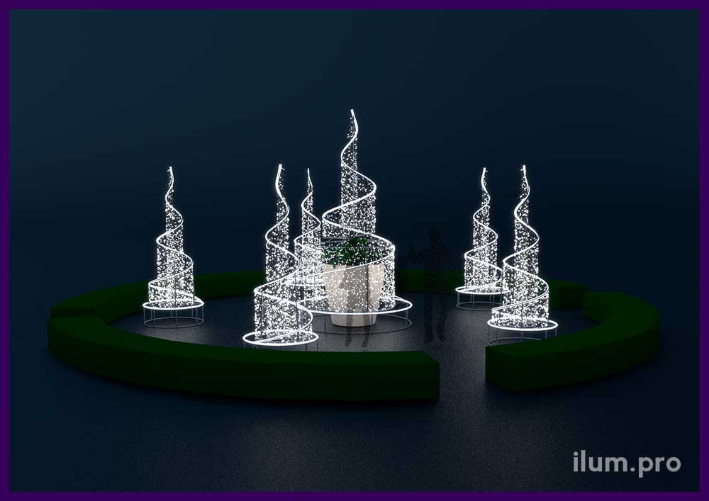 Светодиодные фонтаны в форме спирали с гирляндами - проект декораций