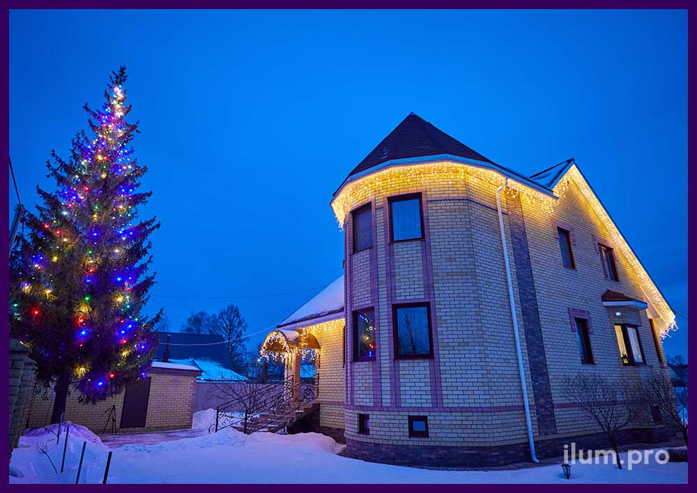 Праздничная подсветка дома и ёлки гирляндами во Владимирской области - иллюминация IP65
