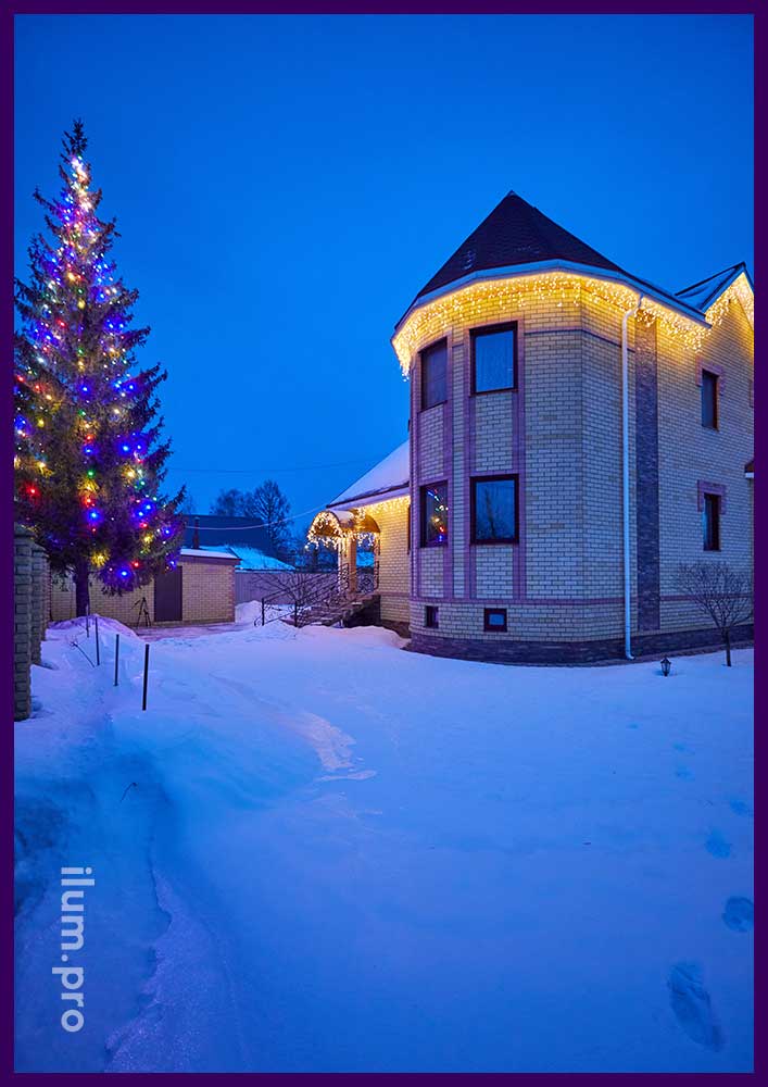 Новогодние гирлянды в Гусь-Хрустальном, подсветка крыши дома и ёлки