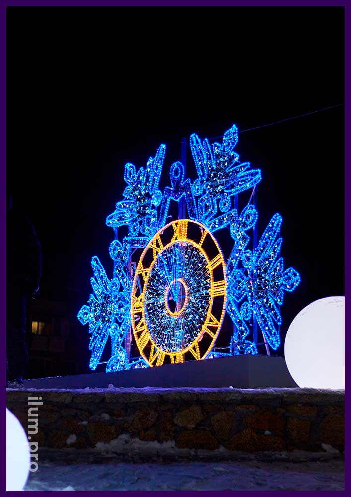 Снежинка с часами - светодиодная фотозона для украшения Копейска на новогодние праздники