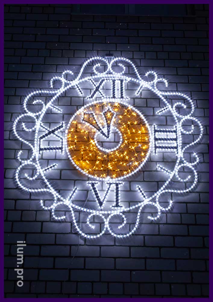 Светодиодная новогодняя консоль в форме циферблата часов с гирляндами и дюралайтом