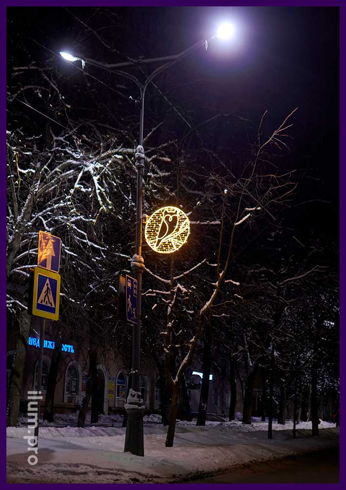 Новогодняя иллюминация в Новгородской области - украшение улицы световыми консолями с Совами