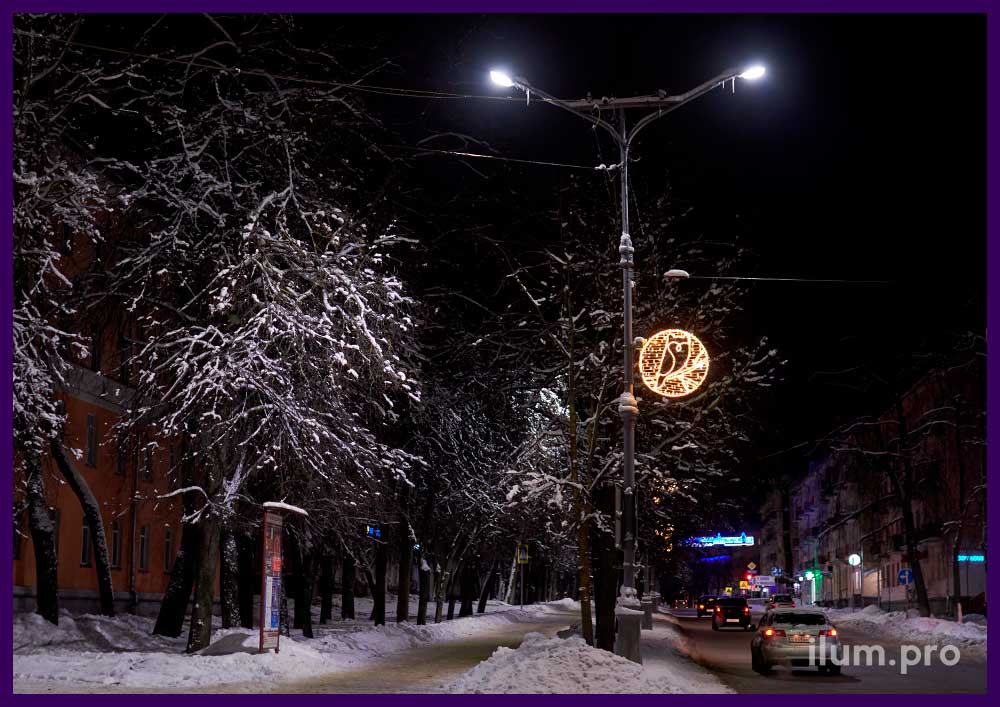 Украшение улицы на Новый год светодиодными консолями с совами, сидящими на ветках