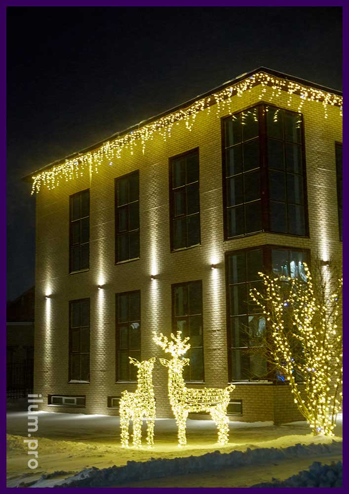 Олени светодиодные тёпло-белого цвета и подсветка здания гирляндами на Новый год