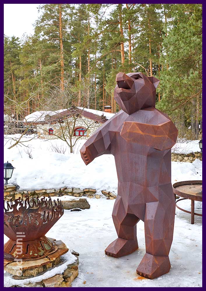 Медведь полигональный металлический - арт-объект из кортена для парков и скверов