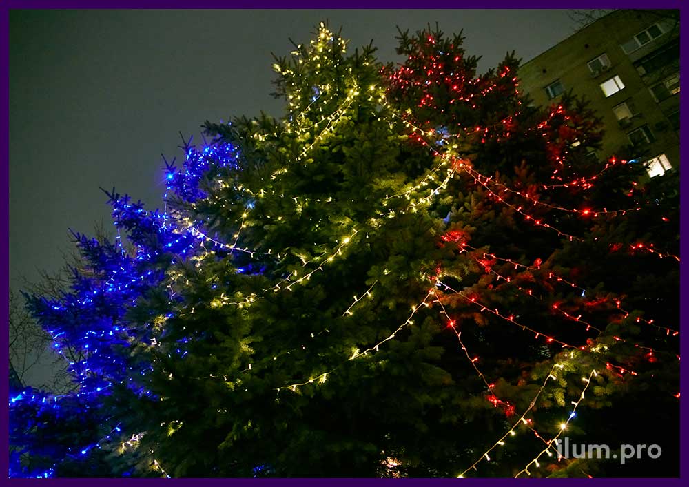 Рождественская иллюминация для деревьев, подсветка ёлок уличными гирляндами