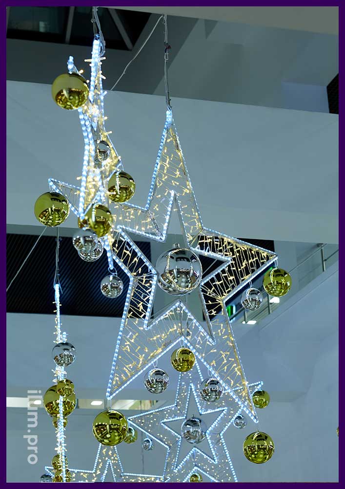 Новогодняя иллюминация для интерьера торгового центра в форме светящихся звёзд