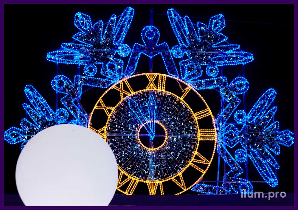 Фотозона новогодняя с встроенной подсветкой гирляндами - часы со снежинкой в Копейске