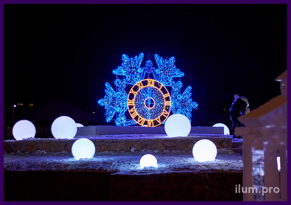 Синяя снежинка и тёпло-белый циферблат с алюминиевым каркасом из профиля в Копейске