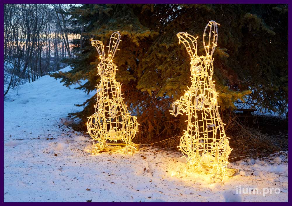 Фигуры зайцев с профессиональной подсветкой уличными гирляндами - каркас из алюминия