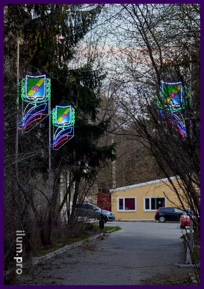 Украшение фонарных столбов разноцветными консолями с триколором из дюралайта и гербами