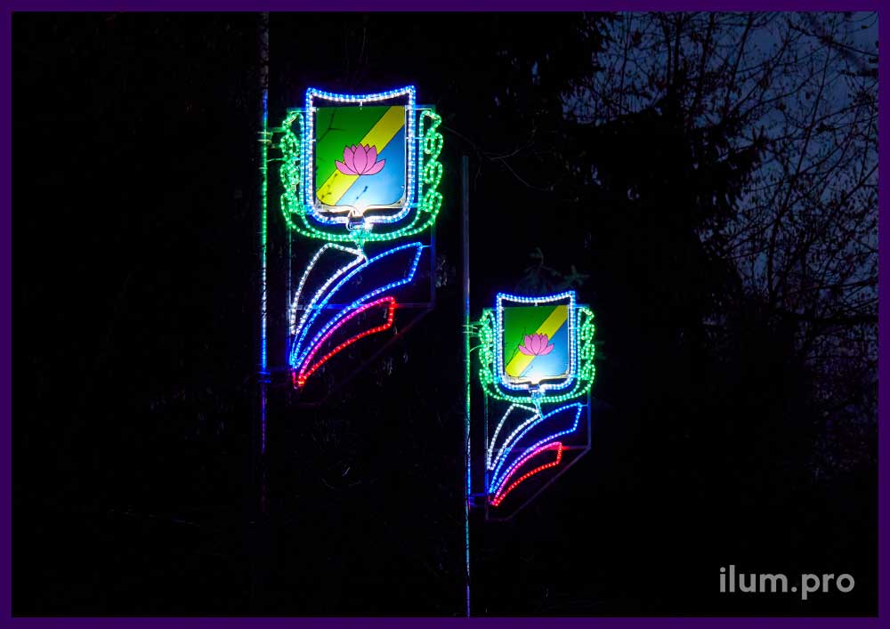 Разноцветные светодиодные консоли с гербом, алюминиевым каркасом и триколором из дюралайта