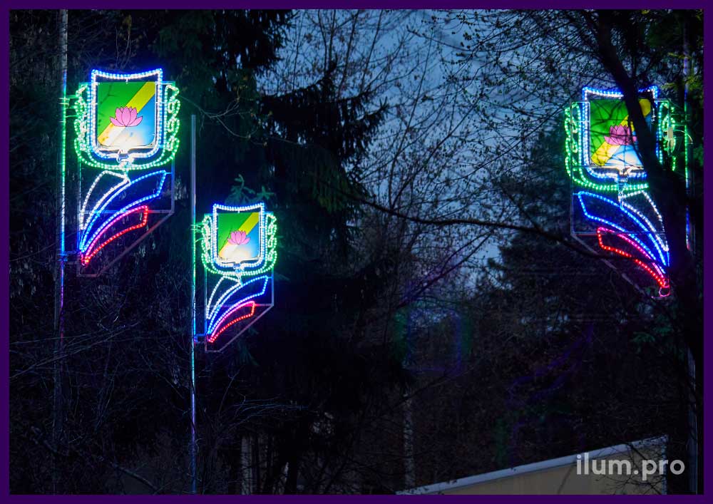 Праздничные световые консоли с гербами и флагами из алюминиевого каркаса и гирлянд