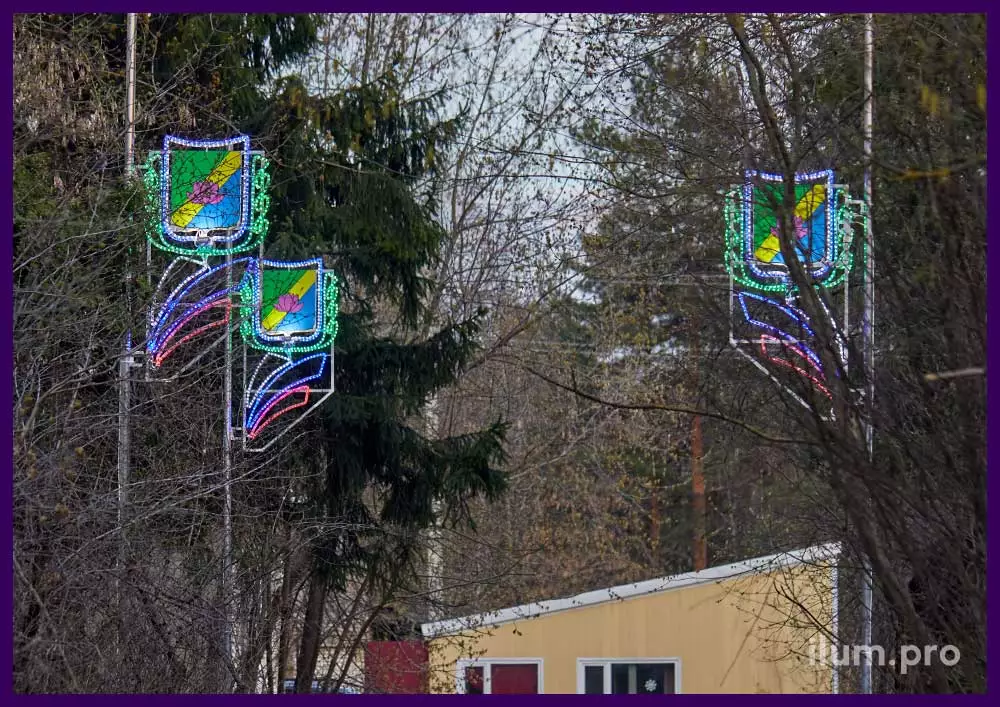 Консоли праздничные светодиодные с разноцветными гербами и флагом из дюралайта триколор
