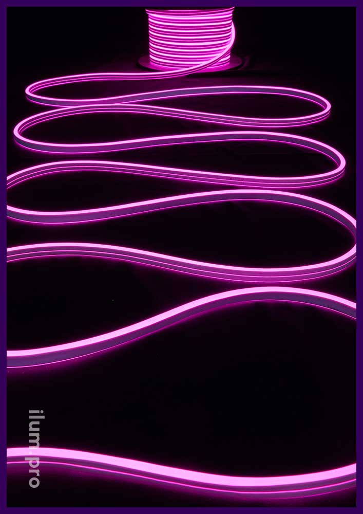 Декоративная двухсторонняя гирлянда - гибкий неон розового цвета с защитой IP65