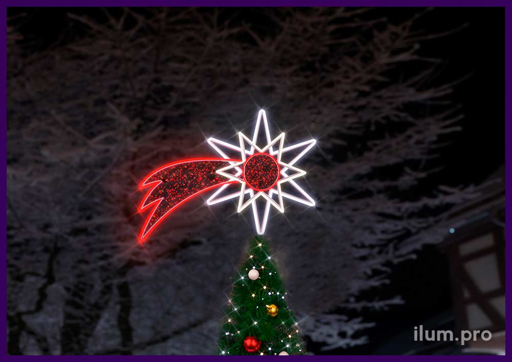 Красно-белая макушка для новогодней ёлки в форме падающей звезды из гирлянд