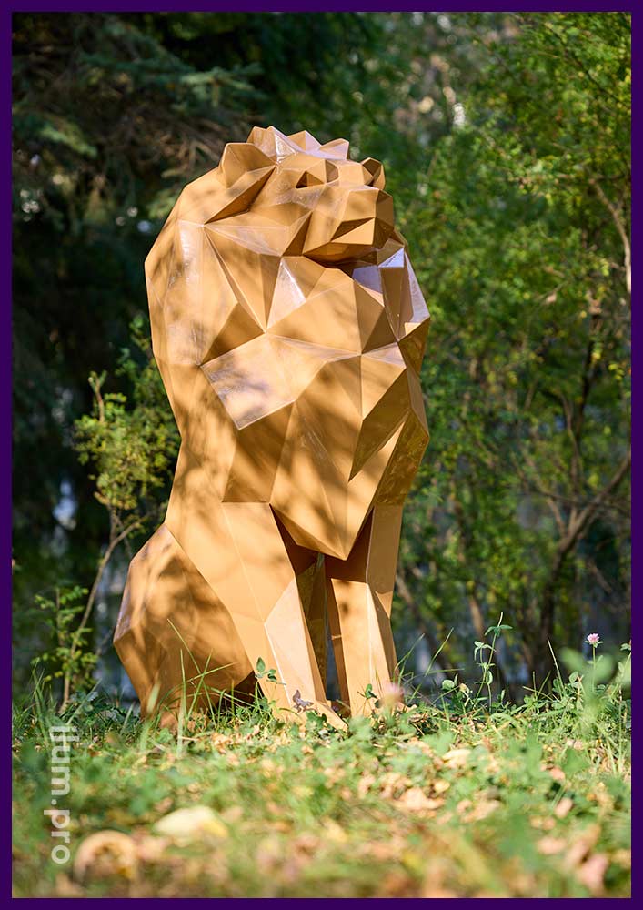 Стальная скульптура полигонального льва с порошковым окрашиванием