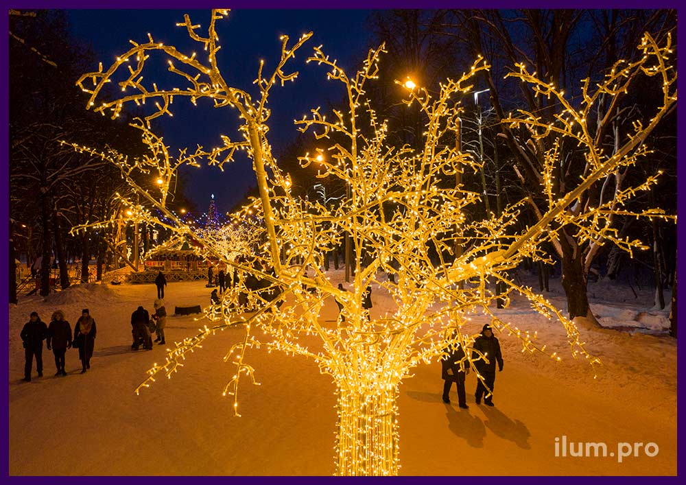 Новогоднее украшение дорожки в парке световыми деревьями