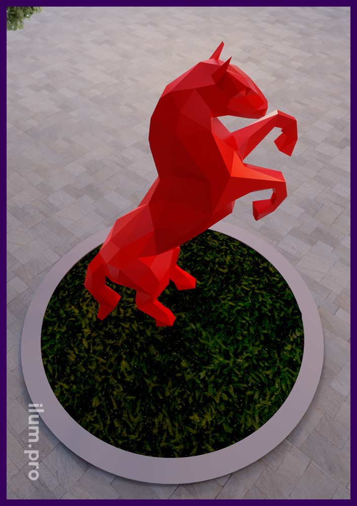 Конь на дыбах красного цвета - проект полигональной скульптуры