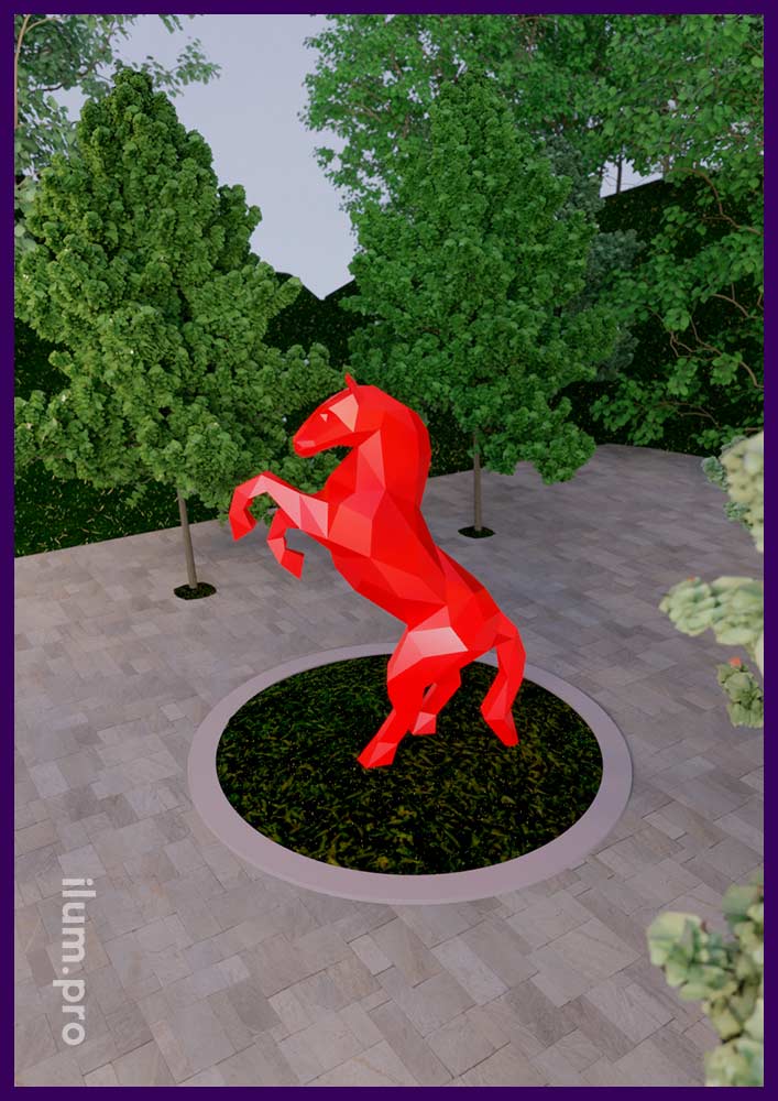 Визуализация полигональной скульптуры красного коня на дыбах