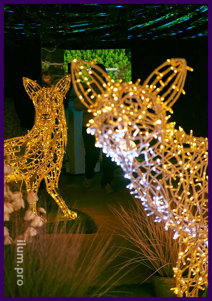 Пара светящихся лис с иллюминацией в Парке развития НЛМК на ВДНХ