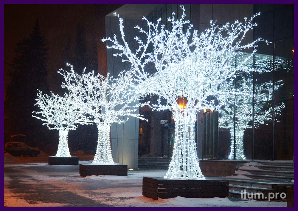 Световые деревья с белой иллюминацией в Пензе