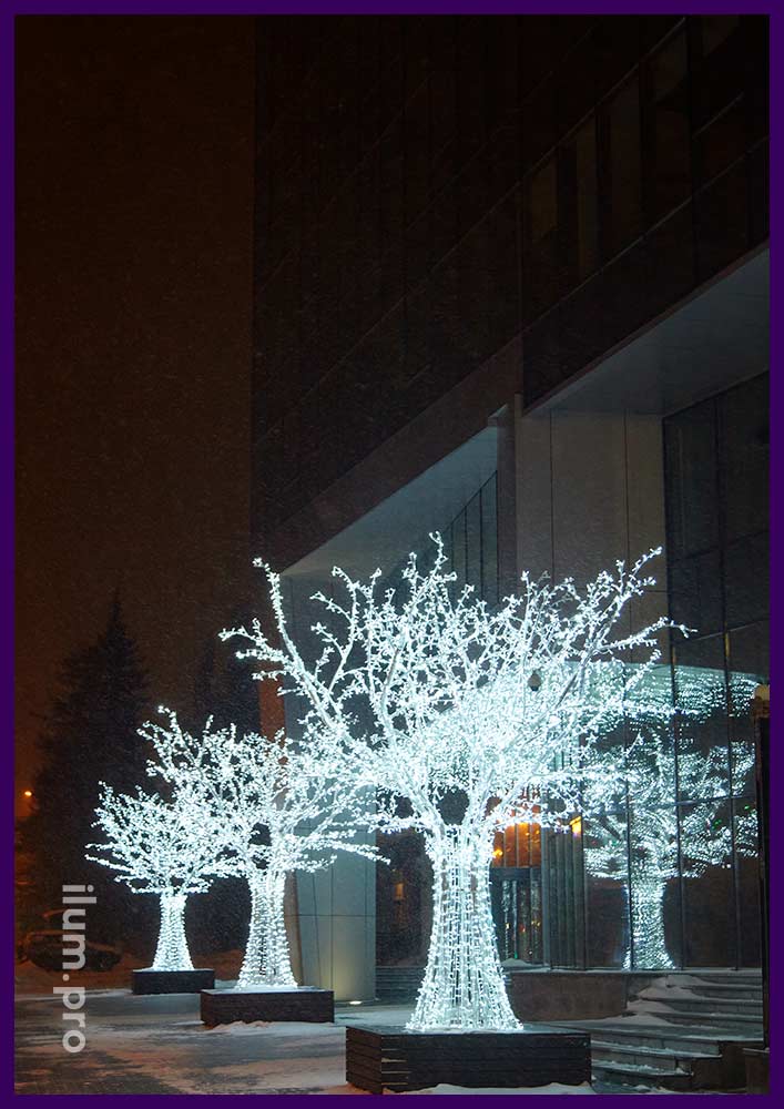 Три светодиодных дерева с белыми гирляндами в Пензе
