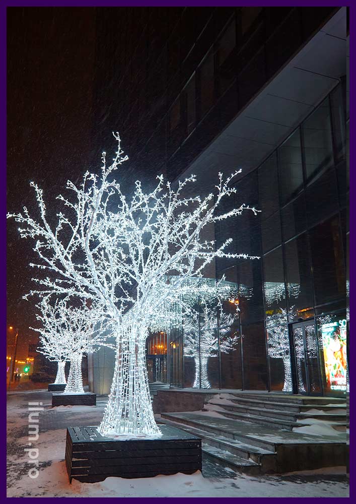 Новогодние, световые деревья белого цвета у БЦ Атриум в Пензе
